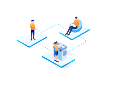 Illustration of three isolated coworking platforms connecting with wires